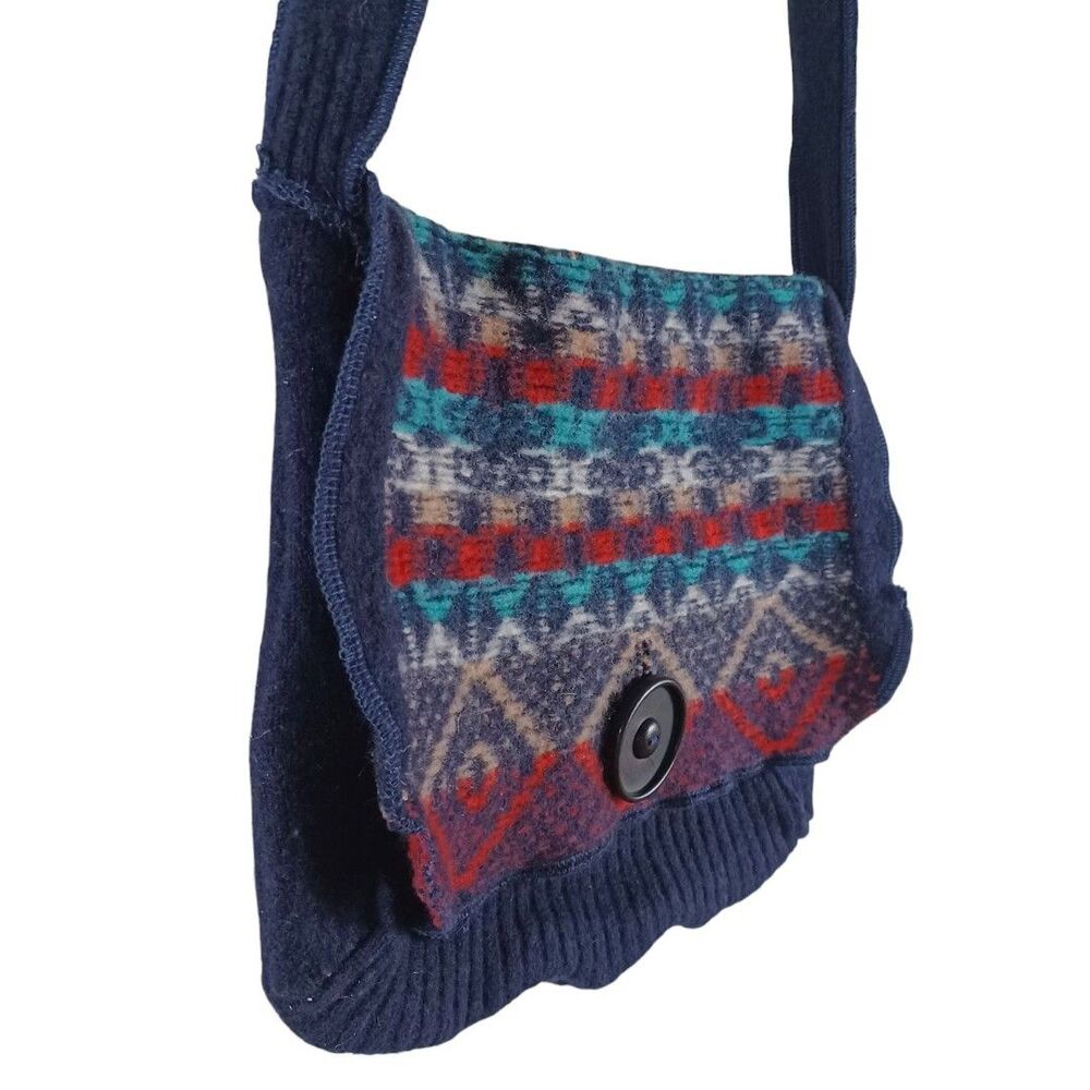 Southwestern Navy Fair Isle Knit Crossbody Bag Boho Aztec Button Flap Purse - Picture 2 of 10